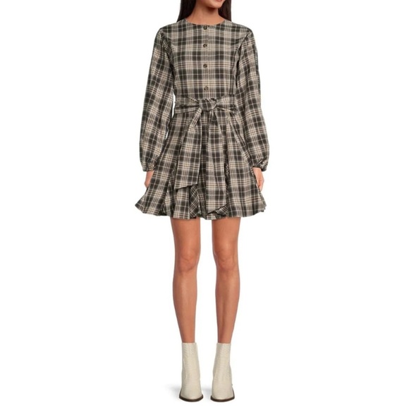 Gianni Bini Dresses & Skirts - NWT Gianni Bini Charlie Plaid Button Front Long Sleeve Mini Dress Swing Flare L